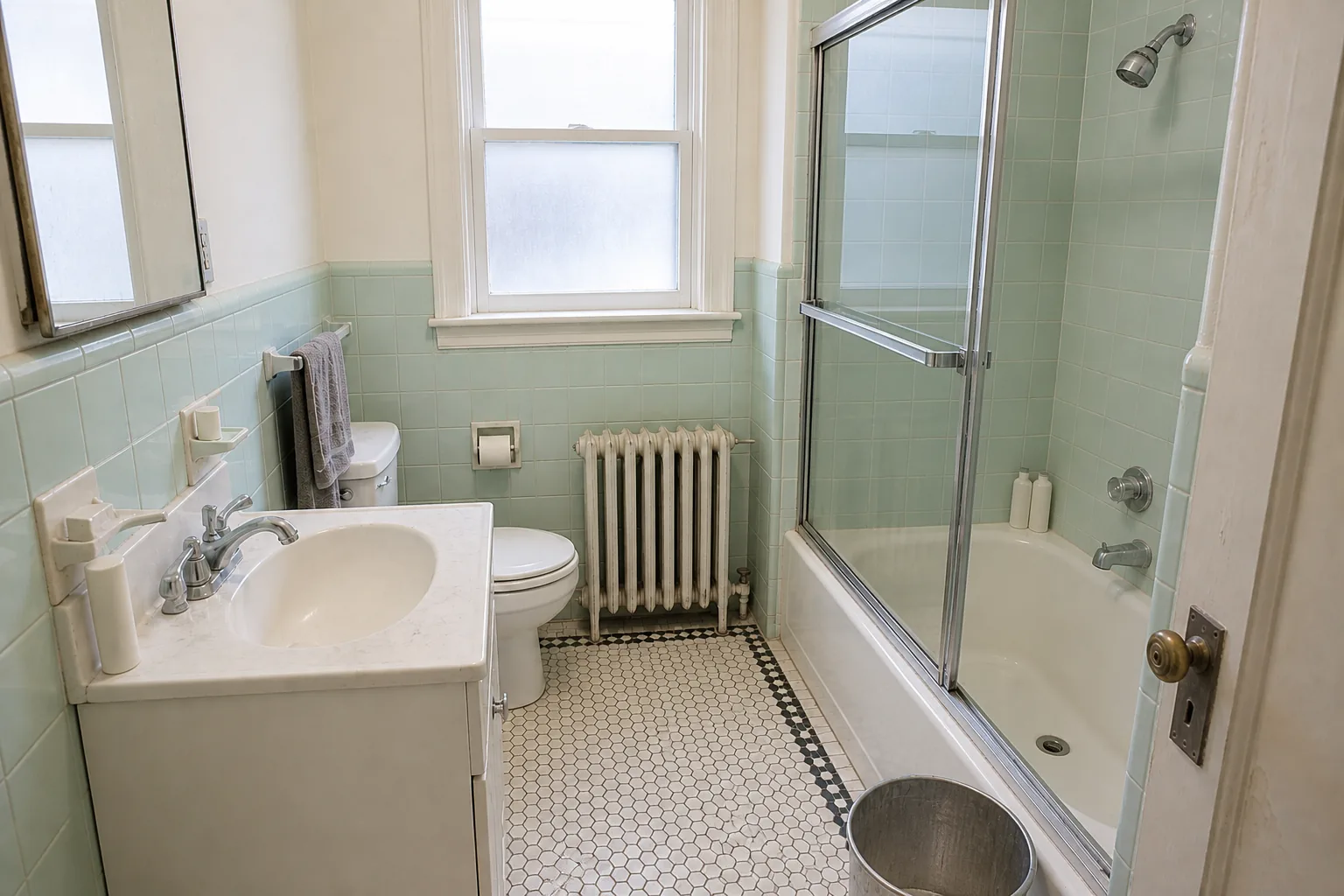 After cleaning: the same bathroom from the same doorway in the same flat midday light. The shower door glass is now clear enough to read the green tile behind it, the chrome shower head, taps and door frame are descaled and polished, the tub is white with the drain staining and grime ring gone, the mirror and sink are spotless, the floor grout is noticeably lighter, the towel is folded on the rail and the bin is empty. The tile is still vintage and the radiator still wears its thick old paint.