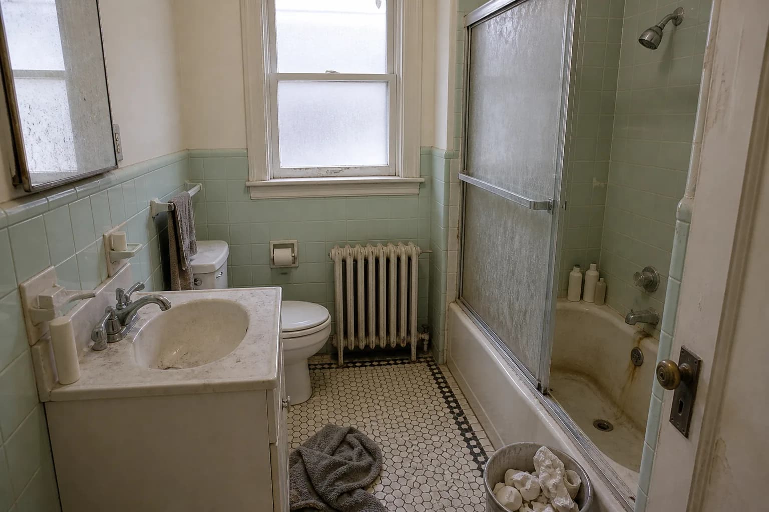 Before cleaning: a 1920s bathroom with mint-green wall tile and a black-bordered hex tile floor. The sliding glass shower door is clouded almost opaque with chalky hard-water scale and soap scum, the chrome shower head and taps are crusted with limescale, rust-brown mineral staining runs down the tub around the drain, the sink and mirror are flecked with dried toothpaste, and a damp towel lies crumpled on the floor beside an overfull bin.