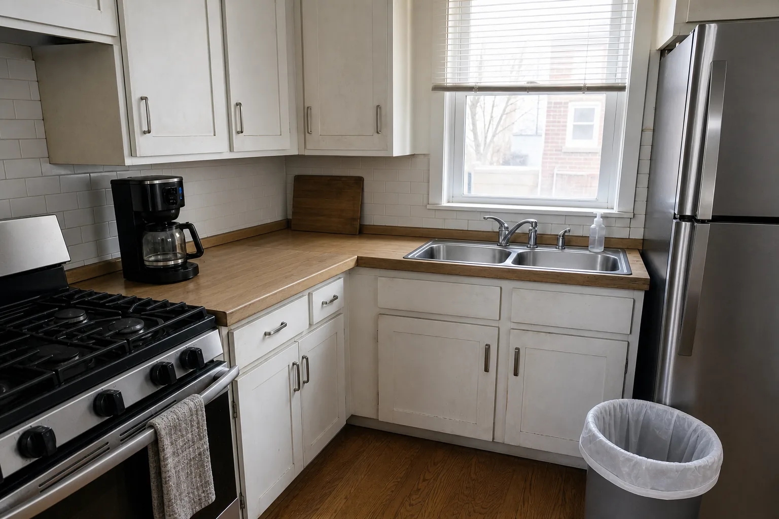 After cleaning: the same kitchen from the same doorway in the same overcast morning light. The sink is empty and the stainless polished dry, the counter is clear and wiped with the coffee rings gone, the gas hob and grates are degreased, the fridge door is streak-free, the floor is swept and mopped, the towel is hung on the oven handle and the bin has a fresh liner. The cabinets keep their chipped paint and the counter its worn edge.