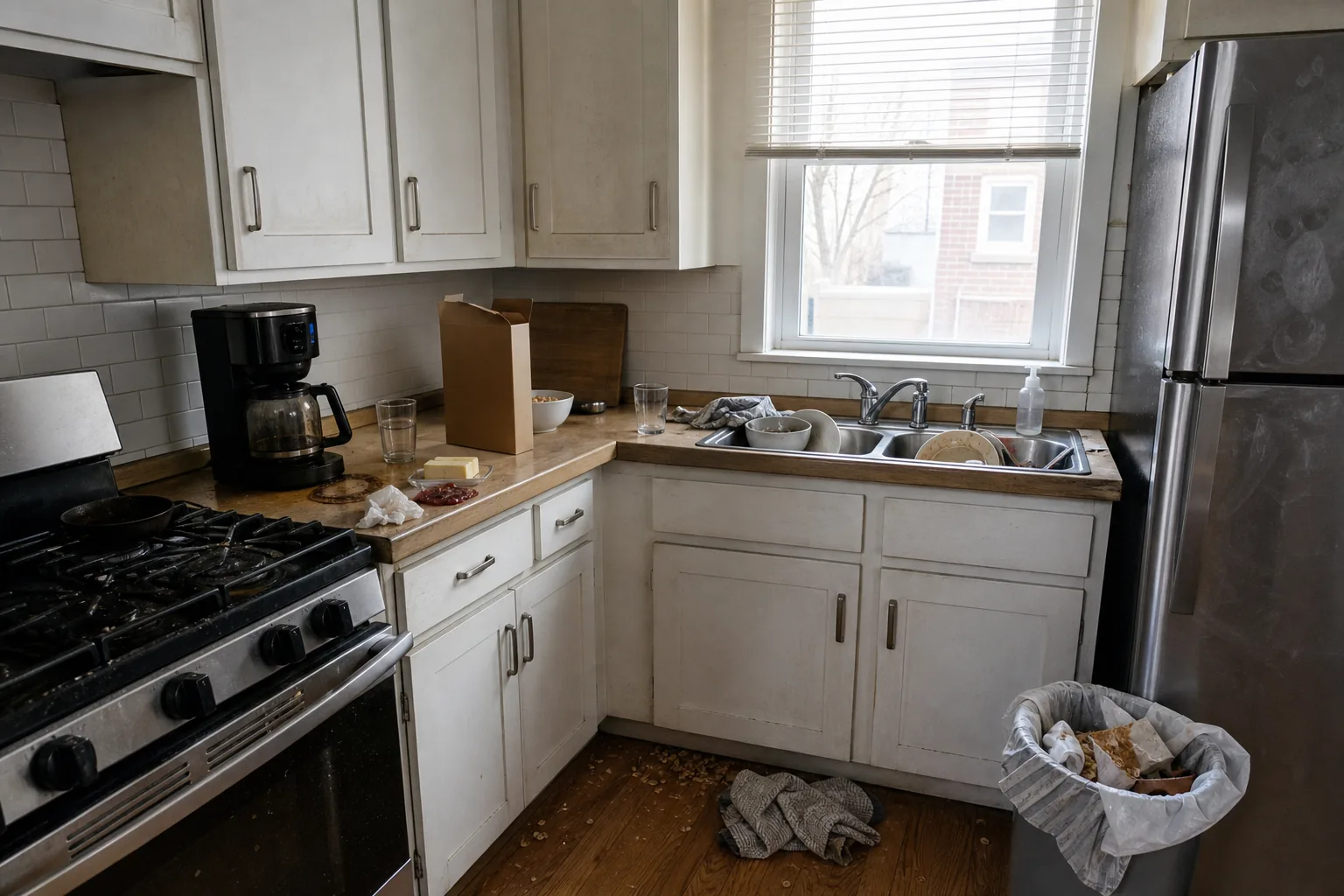 Before cleaning: a family kitchen with white cabinets and a butcher-block counter. Breakfast dishes and bowls fill the stainless sink, cereal and crumbs are scattered across the counter and oak floor, brown coffee rings ring the base of the coffee maker, the gas hob and grates are spattered with dried grease, a dish towel lies on the floor and the bin is overflowing.