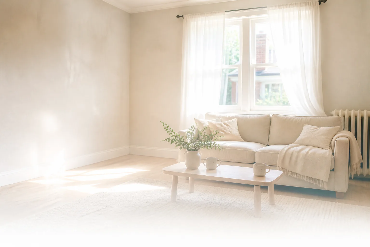 A sunlit living room in an older house. Long sheer white curtains hang across a tall double-hung window right of centre, and morning light pours through them across a pale linen sofa, a low pale wood table holding a plain vase of green stems and two unmarked stoneware mugs, and a cream wool rug. A cast iron radiator stands against the wall to the right of the window. The left of the room is empty sunlit wall and pale floor, and the light grows brighter toward the foreground until the bottom of the picture washes almost to white.