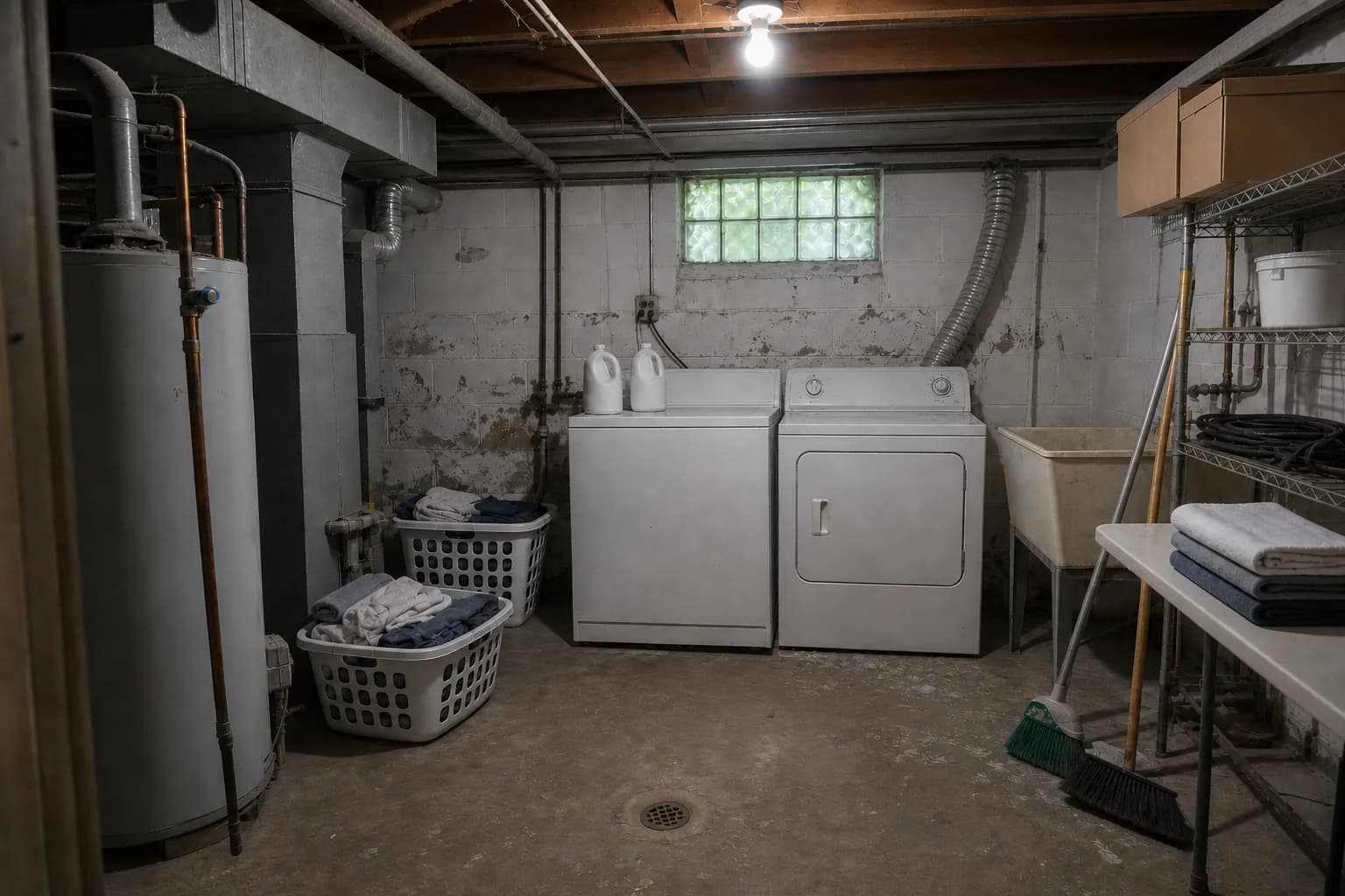After cleaning: the same basement from the same angle under the same bare bulb. The lint is stripped from the dryer and vent hose, the joists, pipes and window are brushed clear of dust and cobwebs so the glass block reads bright green again, the laundry is folded into the baskets and stacked on the table, the detergent is reduced to two jugs, the hose is stowed on the shelving and the concrete floor is swept and mopped with the drain surround scrubbed. The flaking wall paint, the efflorescence and the dented old machines are all still there.