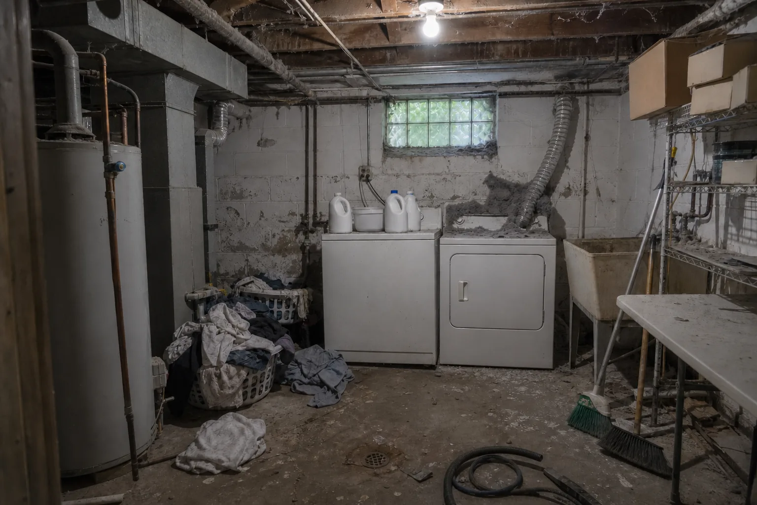 Before cleaning: a basement laundry area with painted block walls, exposed joists and a glass-block window. A thick blanket of grey lint is matted over the dryer and its vent hose, cobwebs and furry dust hang from the joists and across the window, laundry is heaped on the floor and spilling from baskets, detergent jugs and a bucket crowd the washer, a hose is coiled on the floor and grit and debris drift in the corners.