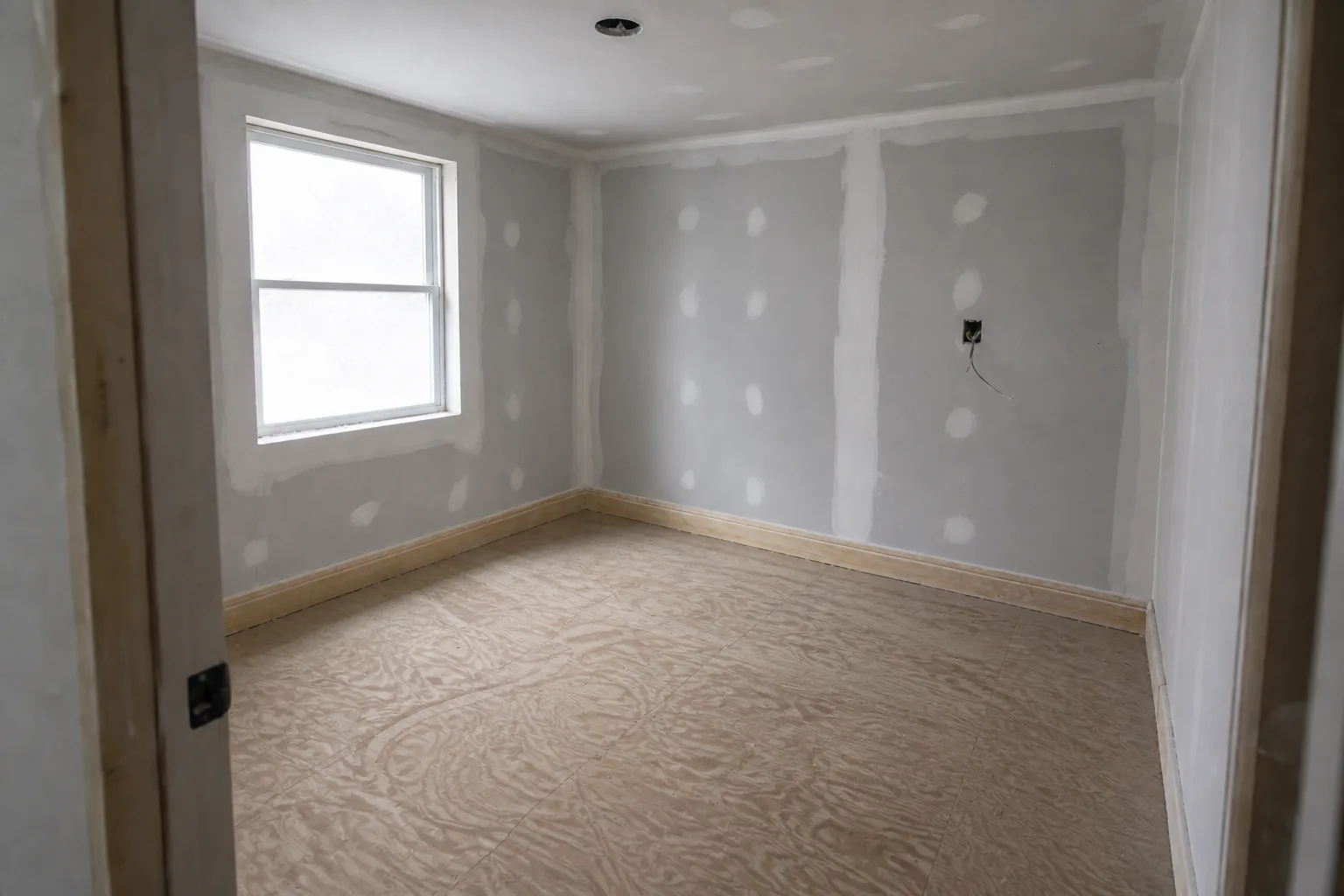 After cleaning: the same room from the same doorway in the same midday light. The drywall dust is gone so the walls read true matte rather than chalky, the plywood subfloor is vacuumed and wiped with the drifted powder, footprints and swirl marks removed and the grain reading clearly, the window glass and sill are washed so daylight comes through crisp instead of milky, and the offcuts, dust mask, tape, paper sheet and ladder are cleared. The room is still an unfinished renovation, with the same unpainted drywall, joint-compound patches, exposed wiring box and ceiling opening.