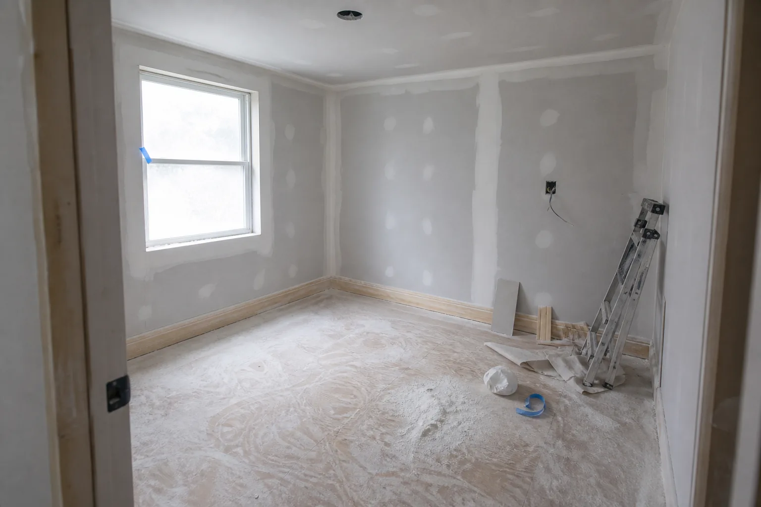Before cleaning: a newly drywalled room before its final clean, with taped seams, white joint-compound patches, unfinished pine baseboard and a bare plywood subfloor. Fine white drywall dust hazes every surface, powder drifts along the floor edges with sanding-pole swirl marks and footprints through it, the window glass is filmed milky white, and offcuts of drywall and trim, a dust mask, a curl of blue tape and a crumpled paper sheet are left by a folded stepladder.