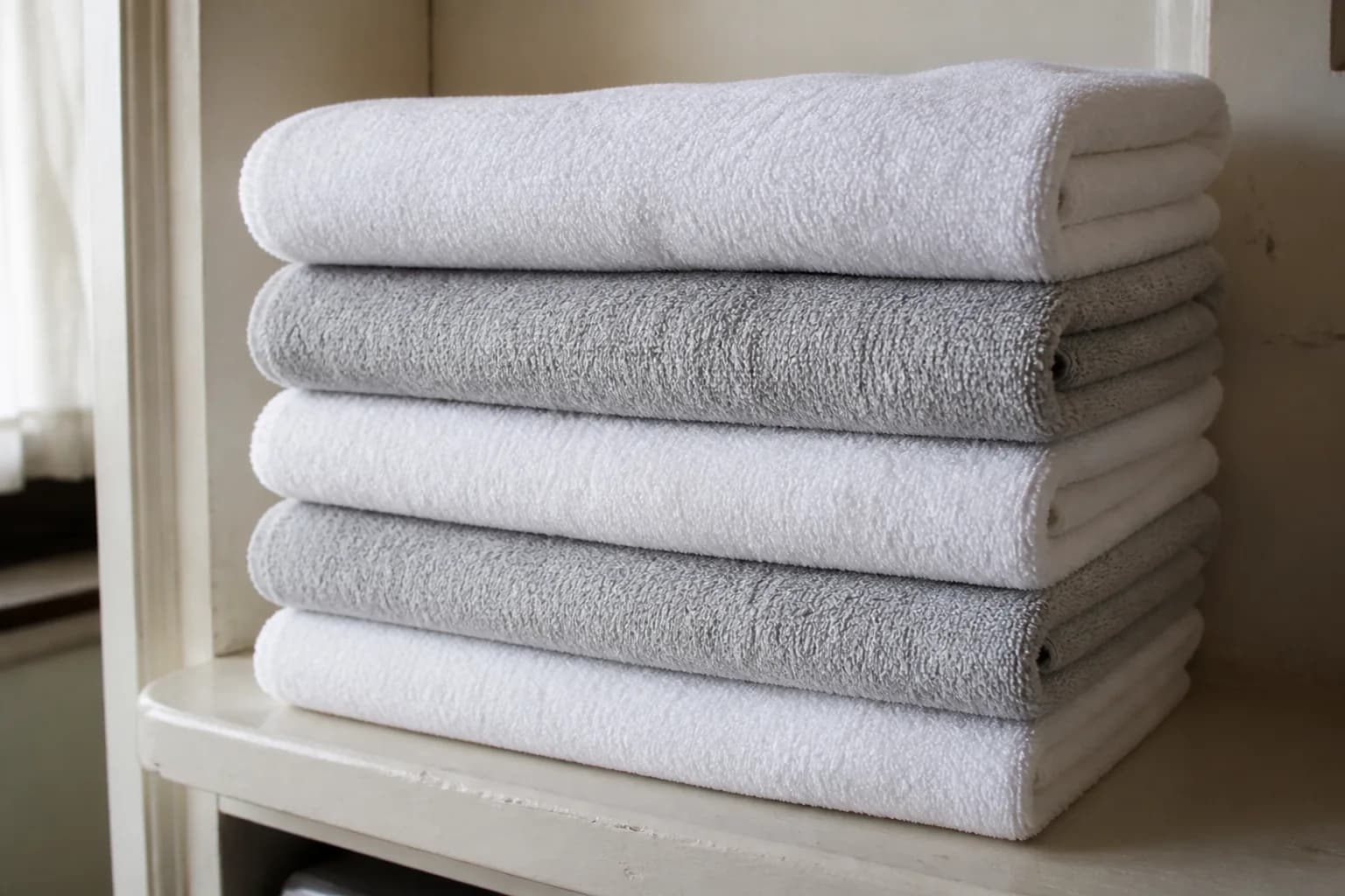 Five freshly laundered cotton towels in plain white and soft grey, folded into crisp even rectangles and stacked square on a painted shelf, with side light raking across to bring out the loop texture of the pile.