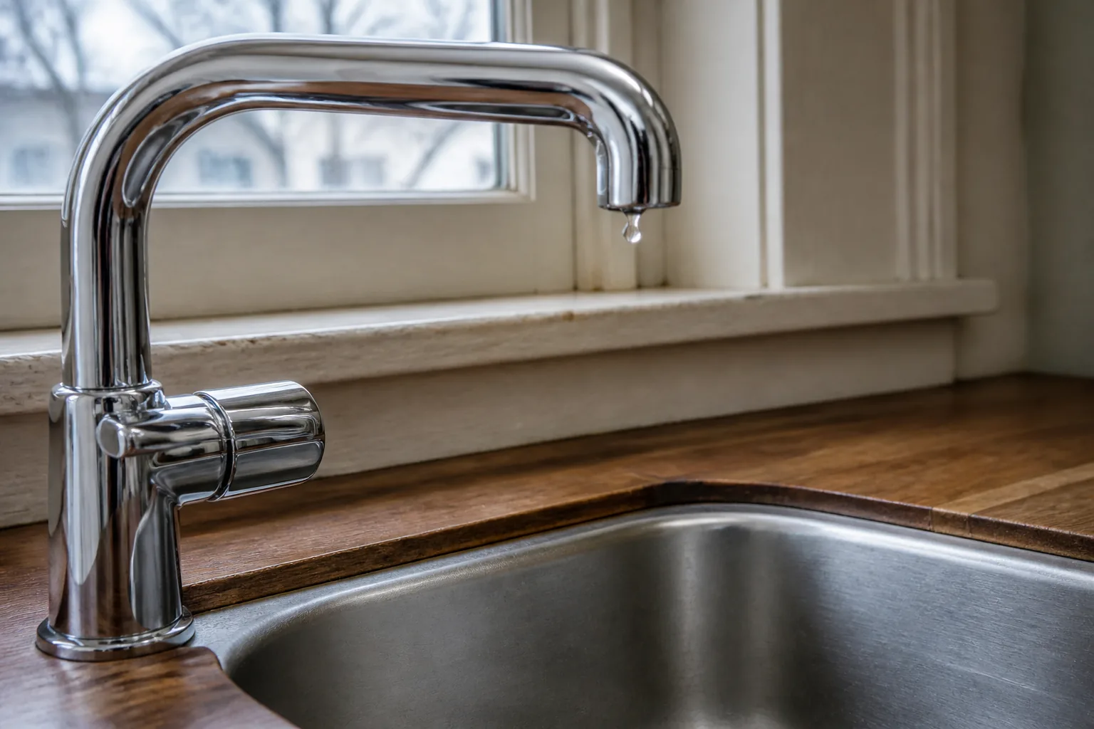 A polished chrome kitchen tap arching over a stainless steel sink, cleaned free of water spots and limescale so the chrome is mirror bright, with a single bead of water clinging under the spout and the sink below buffed to an even satin sheen that still shows its honest hairline scratches.