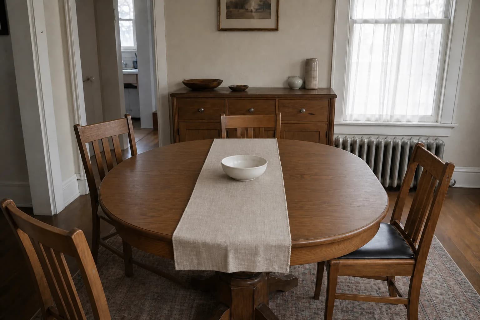 After cleaning: the same dining room from the same doorway in the same flat overcast daylight. The table is cleared and wiped so the oak reads clean, the purple juice stain has been lifted out of the runner and off the table edge, every crumb is gone from the tabletop and from the floor around and under the chairs, the chairs are pushed in square, the sideboard is dusted so its grain reads clearly with the finger streaks gone, and a single plain bowl sits centred on the table. The floor still shows its worn traffic path and the trim its old paint.