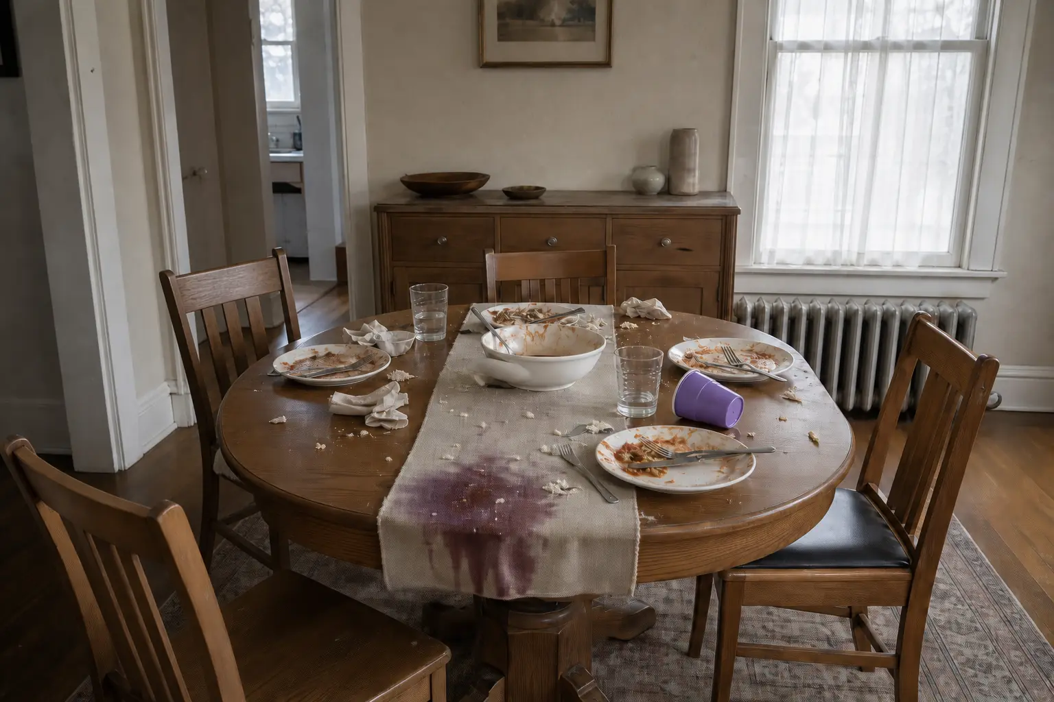 Before cleaning: a 1940s dining room photographed from the doorway, with an oak pedestal table, wooden chairs, a low sideboard and a cast iron radiator under the window. The family meal has just ended: used plates smeared with sauce and food scraps sit around the table with cutlery dropped across them, a serving bowl holds dried-on food, paper napkins are crumpled beside half-empty glasses, a child's tumbler lies on its side with a dark purple juice stain soaked across the table runner and dripping over the edge, crumbs and grains of rice are scattered over the tabletop and the oak floor around the chair legs, the chairs are shoved back at careless angles and a film of dust with finger streaks dulls the sideboard.