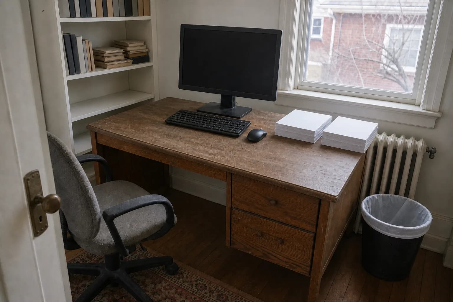 After cleaning: the same home office from the same doorway in the same soft window light. The papers are collected into two squared stacks with the floor spill cleared, the mugs and plate are gone and the dark coffee rings scrubbed off the wood, the cables are bundled out of sight, and the dust is gone everywhere: the monitor screen and bezel are wiped streak-free, the keyboard is clean, the shelf edges and book tops are dusted with no finger streaks left, the radiator fins are clear and the rug is vacuumed. The wastebasket is empty. The desk keeps its scratches and the chair its wear.
