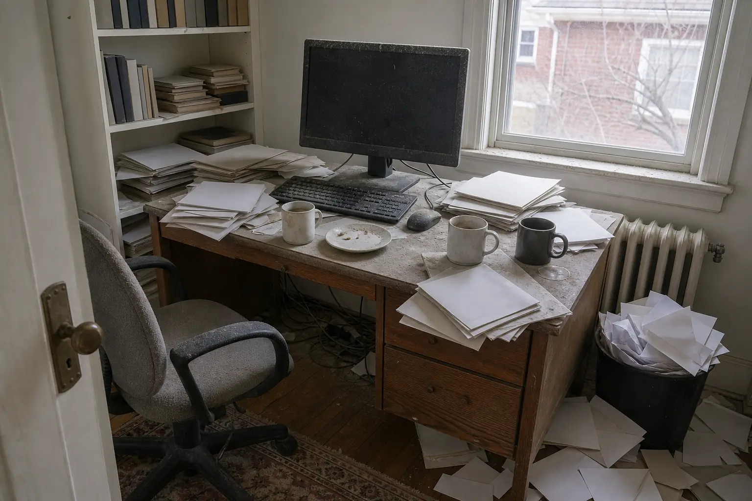 Before cleaning: a home office in a converted spare bedroom, with a wooden desk under the window, a monitor and keyboard, a fabric task chair, a painted bookshelf and a radiator. Loose papers are heaped in leaning stacks across the desk and spilling onto the floor, three abandoned mugs sit among them over dark dried coffee rings, a plate of dried crumbs is pushed aside, tangled cables sag into a dusty nest below, and a thick grey film of dust covers the monitor screen and bezel, the keyboard, the shelf edges and the tops of the books, with finger streaks dragged through it. The wastebasket is overflowing.