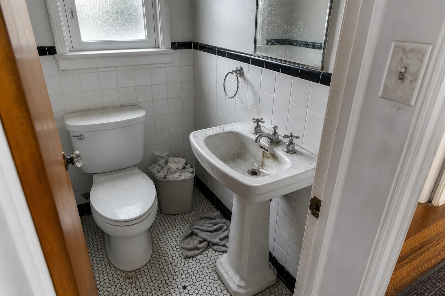 Before cleaning: a tiny 1950s powder room seen from the open doorway, lined chest-high in glossy black and white square tile with a black cap rail, on a white penny tile floor, with a pedestal sink, chrome cross-handle taps, a small mirror and a toilet. Chalky white hard-water scale crusts the tap spout and handles, the mirror is flecked with dried toothpaste spatter and hazy smears, a grimy ring sits in the sink bowl with a rust-brown mineral streak running to the drain, a dust film with fingerprints covers the switch plate and the toilet tank top, the hand towel has fallen crumpled on the floor, the bin is overfull and the penny tile grout is darkened and dingy.