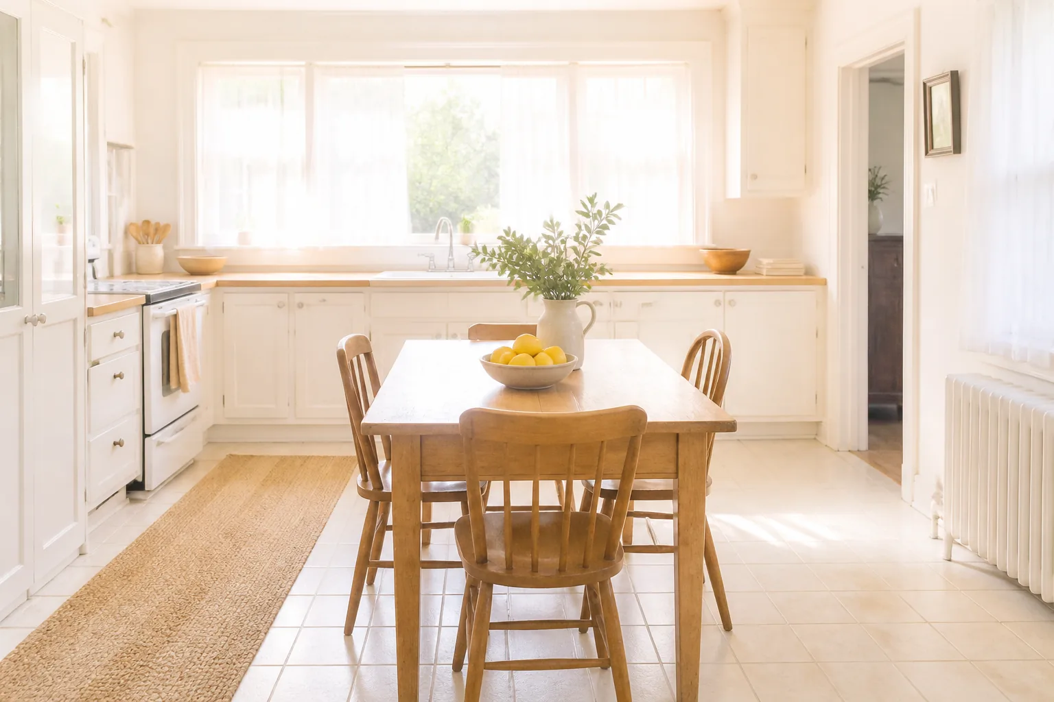 A bright kitchen in an older house with a family table in the middle of it. Cream painted shaker cabinets and a pale wood counter run along the far wall beneath a wide three-pane window with sheer curtains, daylight pouring through onto a sink and chrome tap. A plain oak table with four spindle-back wooden chairs stands in the centre of a cream tile floor, holding a shallow wooden bowl of lemons and a white ceramic pitcher of green leafy stems. A white range with a towel over its handle and a crock of wooden spoons sit to the left, a jute runner lies along the floor beside it, and on the right an open doorway leads through to a further room past a white cast iron radiator.