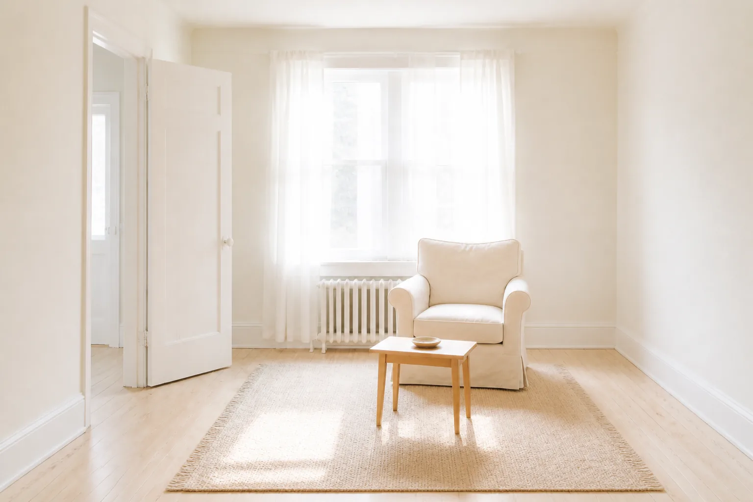 A plain, bright room in a well-kept older house: cream painted walls, white wood trim and pale oak boards, with a sheer-curtained double-hung window flooding the room with daylight and a white cast iron radiator beneath it. A cream slipcovered armchair and a small light wood side table holding a shallow dish stand just right of the window on a large textured jute rug, and a white panelled door stands open on the left onto another pale room.