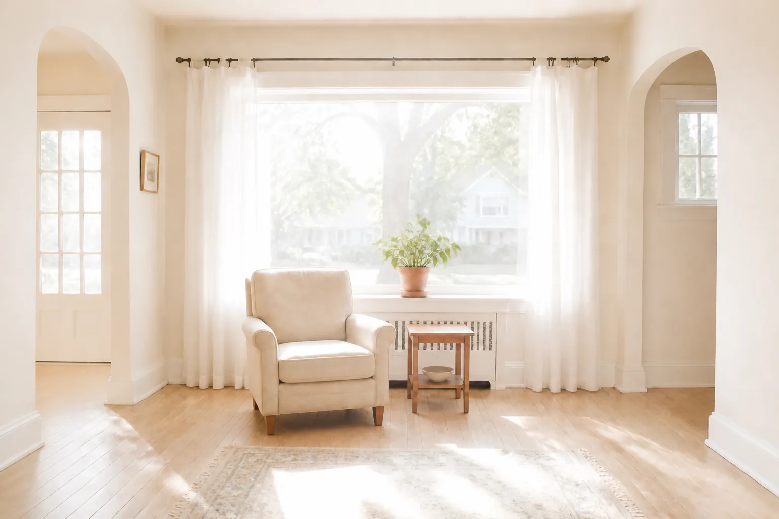 A sunny front room looking out through a wide window onto a residential street. The view beyond the glass is bleached pale by the sun: the trunk and green canopy of a big street tree, a slice of lawn and the soft shape of a neighbouring house with a gabled roof. Sheer white curtains are pushed to either side of the window, a green plant in a terracotta pot stands on the sill above a white painted radiator cover, and a cream armchair and a small slatted oak side table sit just left of centre on pale oak boards. Arched openings lead off to left and right, and a faded pale rug lies across the foreground.