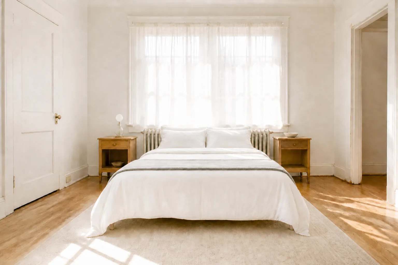 A bright bedroom made up with care in an older house, photographed square-on and symmetrically. The bed is centred on the far wall beneath a wide window whose sheer white curtains blaze with morning sun, dressed in plain white cotton with two squared pillows and a folded grey blanket laid across it below the pillows. A white cast iron radiator stands behind the bed under the window. A honey-oak nightstand sits each side, one holding a clear glass lamp and the other a white bowl, a pale rug spreads under and beyond the foot of the bed, and sunlight falls across the oak floor on the right.
