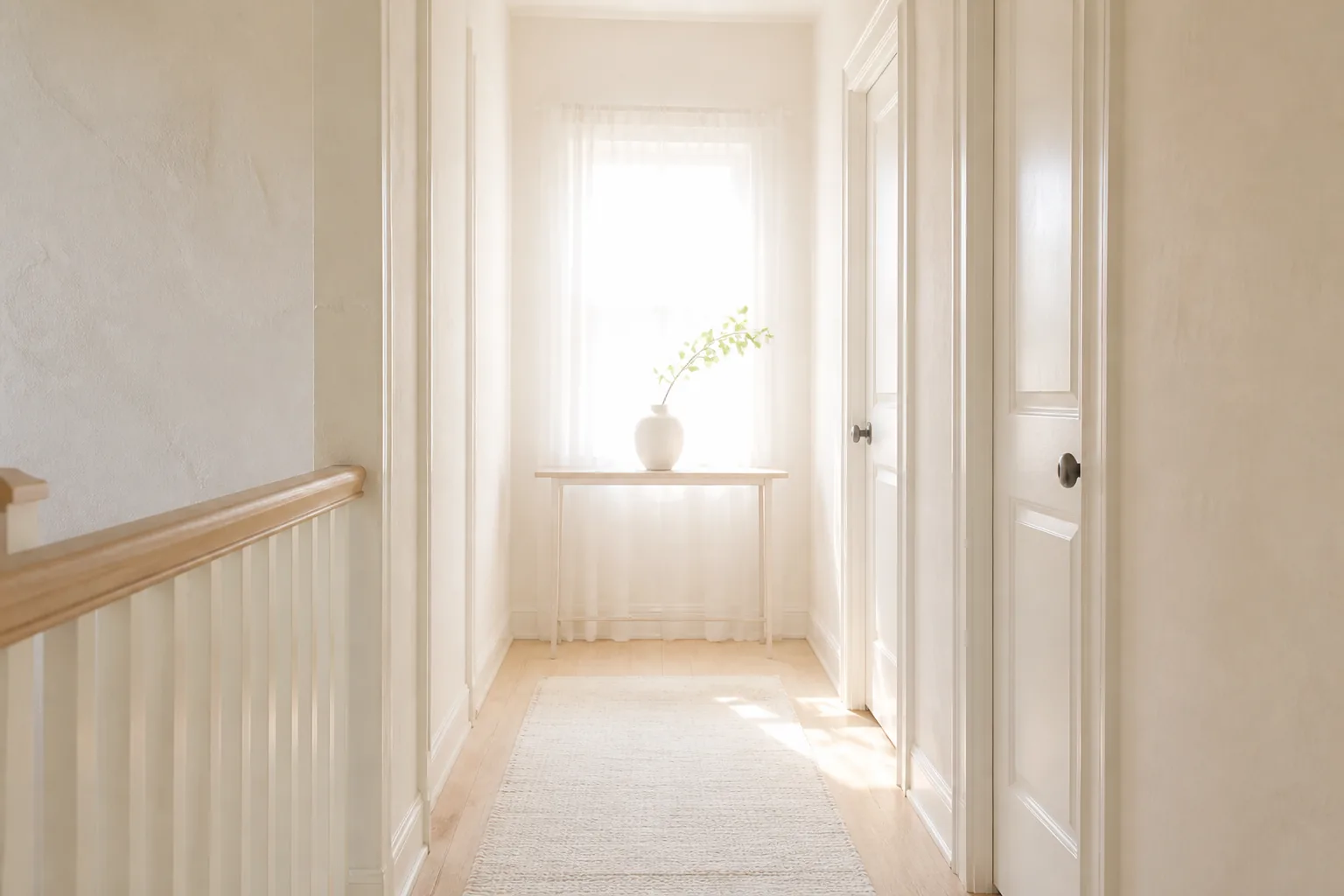 A quiet upstairs landing in an older house, seen straight down its length. A wooden handrail over white painted balusters guards the stairwell along the left, two tall white panelled doors with dark round knobs line the right, and a cream textured runner lies down the middle of a pale oak floor. At the far end a sheer-curtained window glows white and throws a long wash of daylight down the floor toward the camera, above a slim pale wood console table holding a single white vase with one green stem.